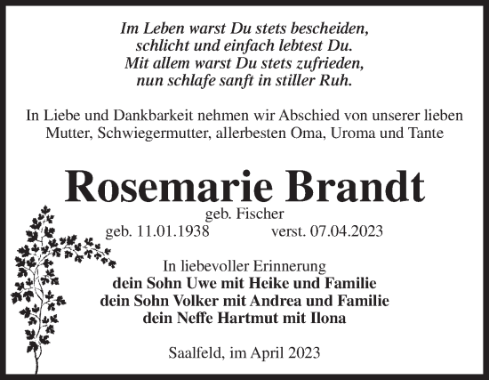 Traueranzeige von Rosemarie Brandt von Volksstimme Magdeburg