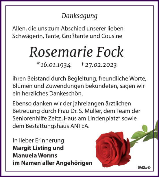 Traueranzeige von Rosemarie Fock von Trauerkombi Zeitz