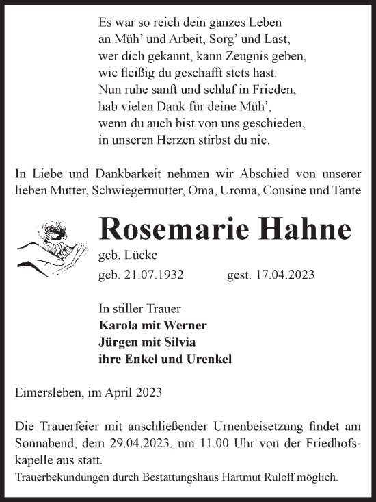 Traueranzeige von Rosemarie Hahne von Volksstimme Haldensleben/Wolmirstedt