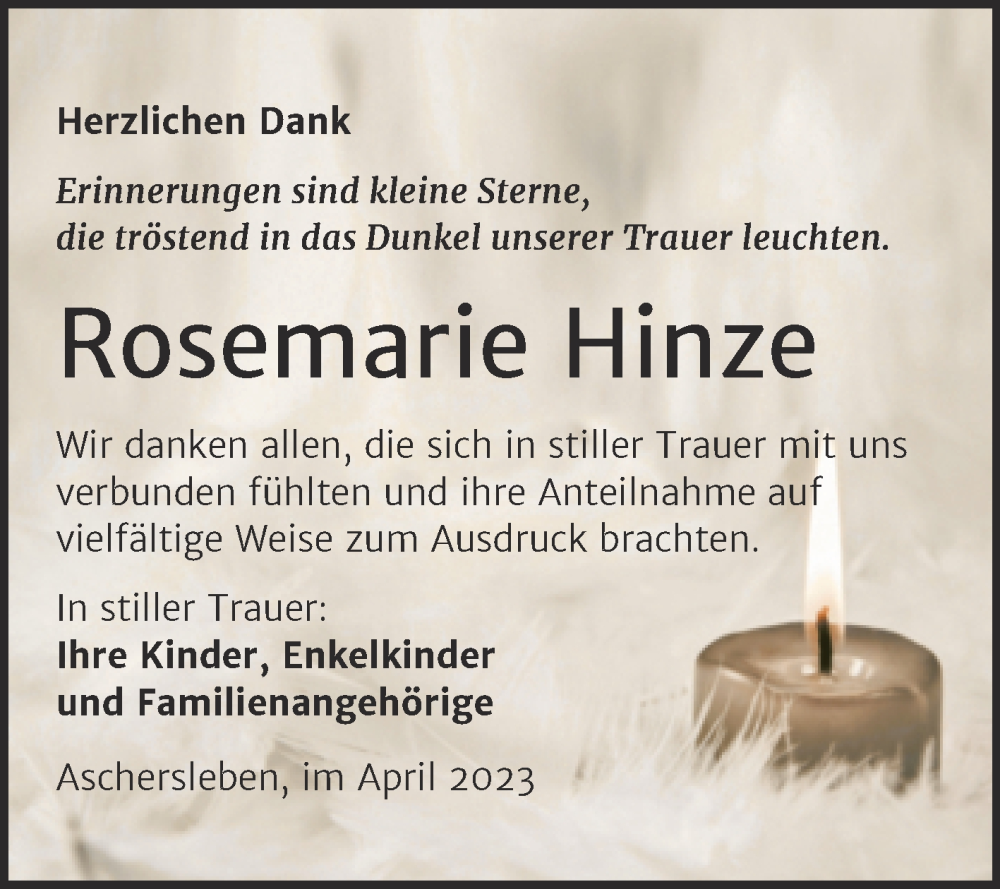  Traueranzeige für Rosemarie Hinze vom 29.04.2023 aus Trauerkombi Aschersleben
