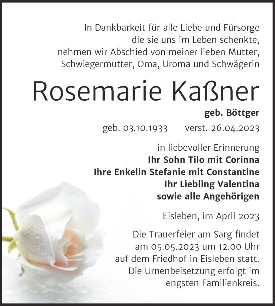 Traueranzeige von Rosemarie Kaßner von Trauerkombi Mansfelder Land