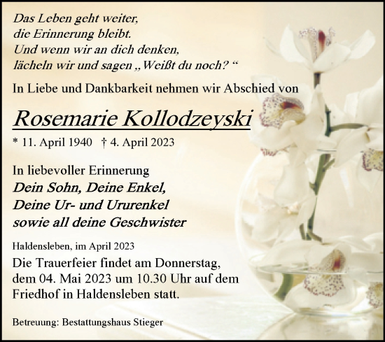 Traueranzeige von Rosemarie Kollodzeyski von Volksstimme Haldensleben/Wolmirstedt