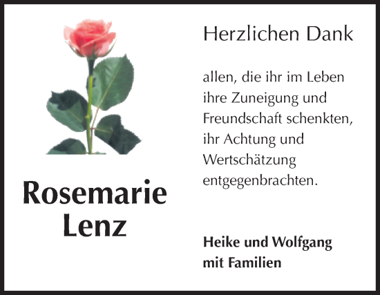 Traueranzeige von Rosemarie Lenz von Volksstimme Altmark Ost