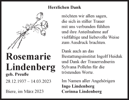 Traueranzeige von Rosemarie Lindenberg von Volksstimme Schönebeck