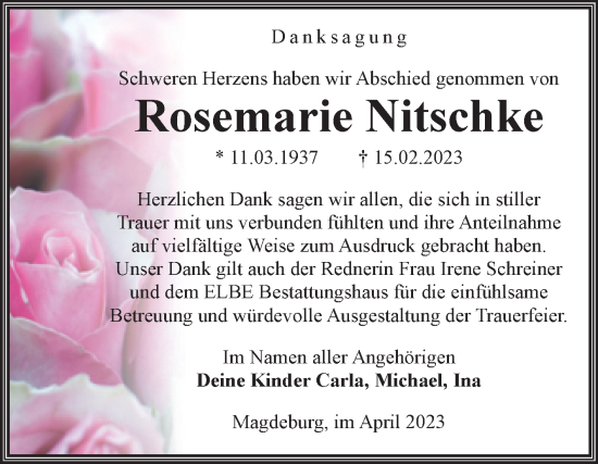 Traueranzeige von Rosemarie Nitschke von Volksstimme Magdeburg