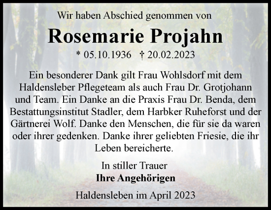Traueranzeige von Rosemarie Projahn von Volksstimme Haldensleben/Wolmirstedt