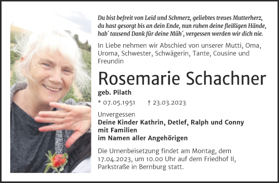 Traueranzeige von Rosemarie Schachner von Trauerkombi Bernburg