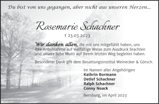 Traueranzeige von Rosemarie Schachner von Trauerkombi Bernburg