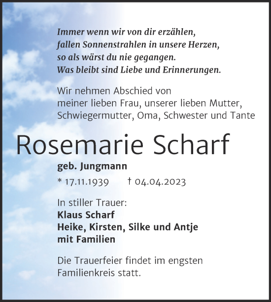 Traueranzeige von Rosemarie Scharf von Trauerkombi Sangerhausen