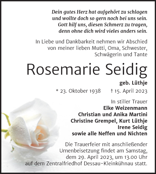 Traueranzeige von Rosemarie Seidig von Trauerkombi Dessau