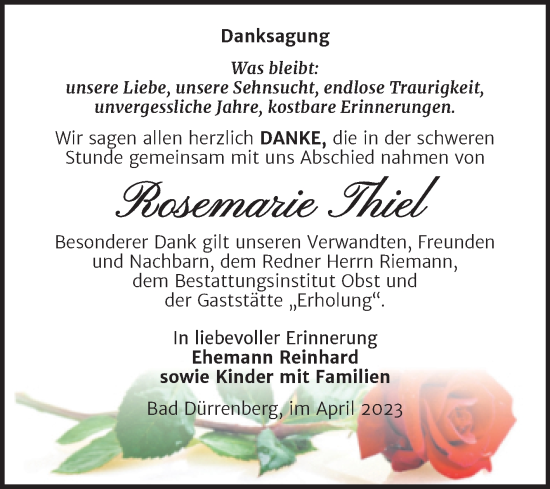 Traueranzeige von Rosemarie Thiel von Trauerkombi Merseburg