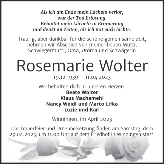 Traueranzeige von Rosemarie Wolter von Trauerkombi Aschersleben