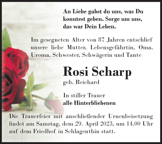 Traueranzeige von Rosi Scharp von Volksstimme Burg/Genthin