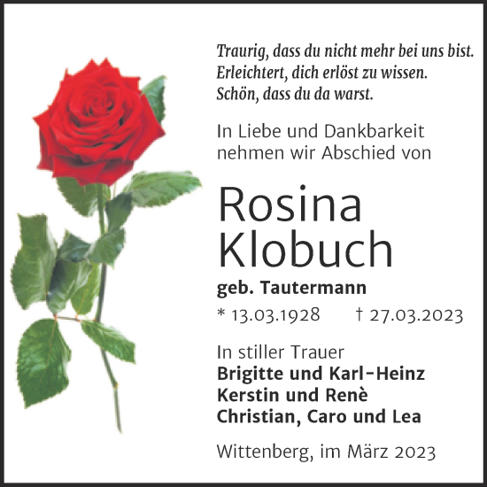 Traueranzeige von Rosina Klobuch von Trauerkombi Wittenberg
