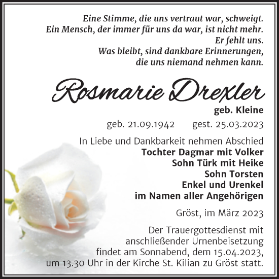 Traueranzeige von Rosmarie Drexler von Trauerkombi Merseburg