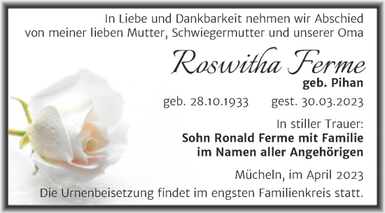 Traueranzeige von Roswitha Ferme von Trauerkombi Merseburg