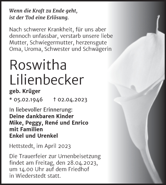 Traueranzeige von Roswitha Lilienbecker von Trauerkombi Mansfelder Land