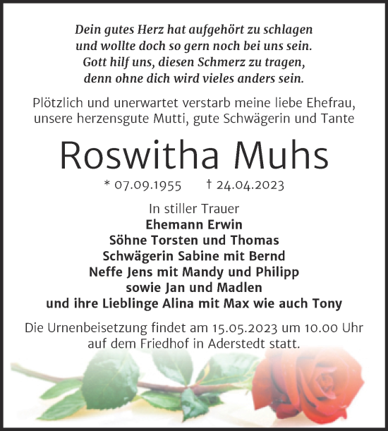 Traueranzeige von Roswitha Muhs von Trauerkombi Bernburg