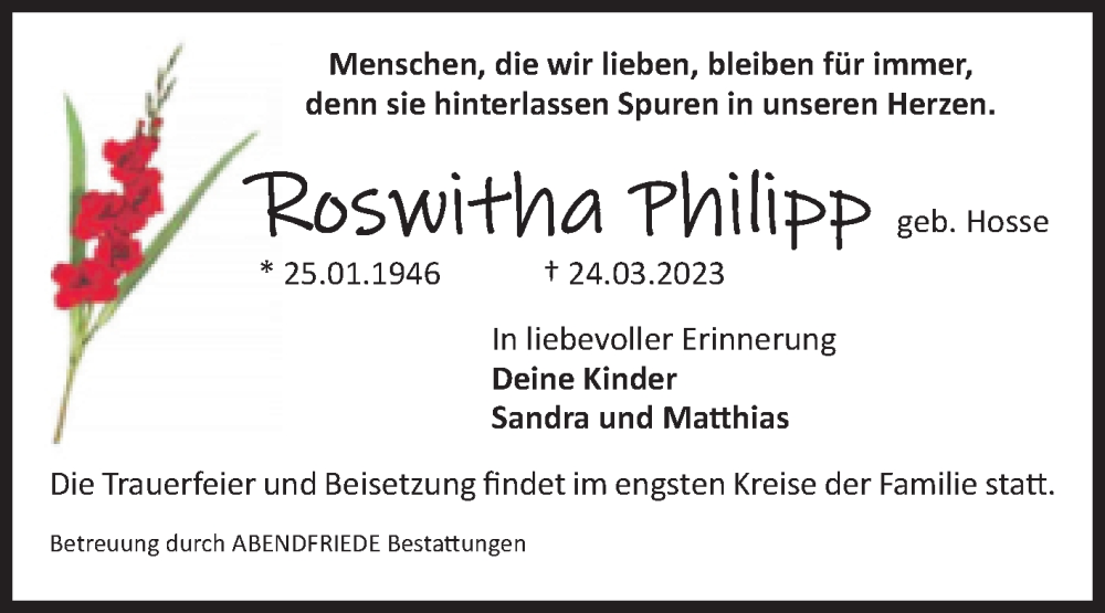  Traueranzeige für Roswitha Philipp vom 01.04.2023 aus Volksstimme Magdeburg