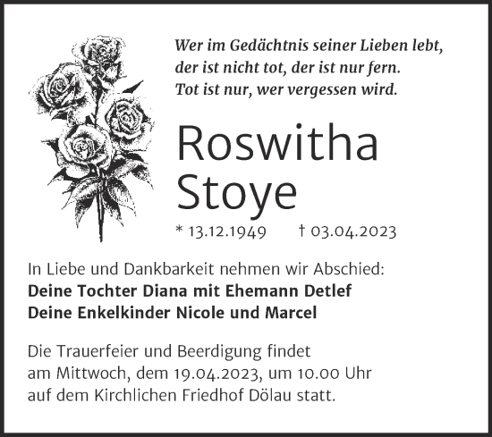 Traueranzeige von Roswitha Stoye von Mitteldeutsche Zeitung Halle/Saalkreis