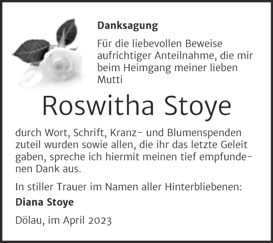 Traueranzeige von Roswitha Stoye von Mitteldeutsche Zeitung Halle/Saalkreis