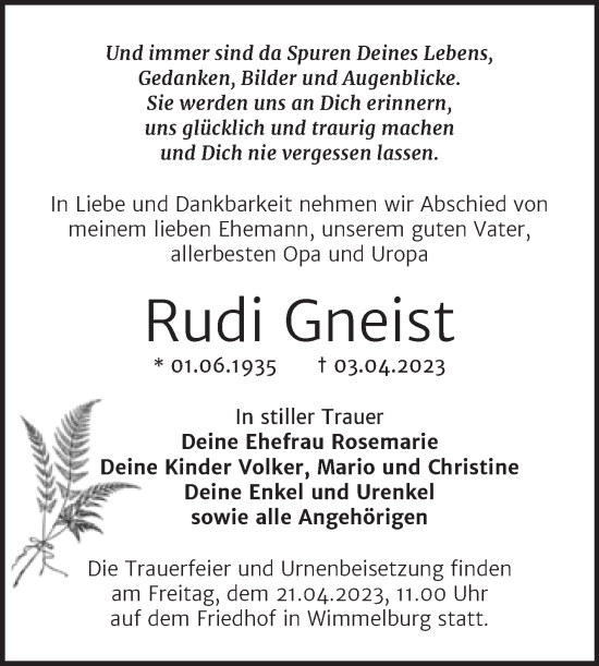 Traueranzeige von Rudi Gneist von Trauerkombi Mansfelder Land