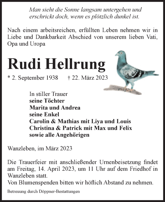 Traueranzeige von Rudi Hellrung von Volksstimme Oschersleben/Wanzleben