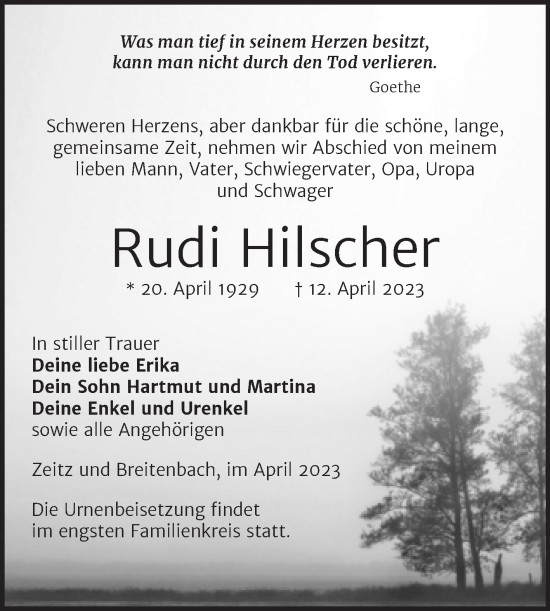 Traueranzeige von Rudi Hilscher von Trauerkombi Zeitz