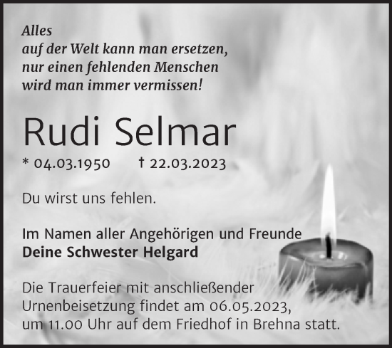 Traueranzeige von Rudi Selmar von Trauerkombi Bitterfeld