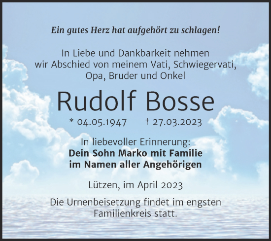 Traueranzeige von Rudolf Bosse von Trauerkombi Weißenfels