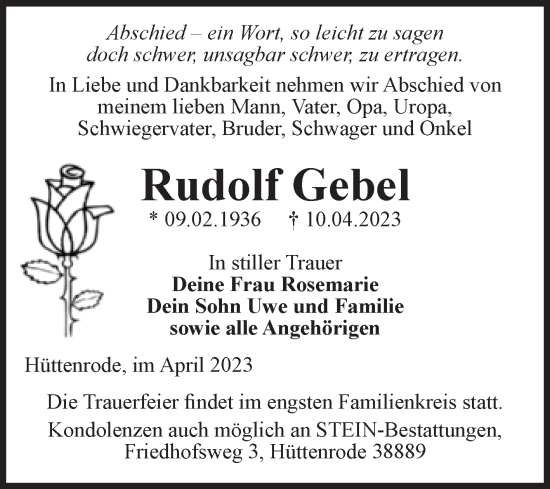 Traueranzeige von Rudolf Gebel von Volksstimme Wernigerode