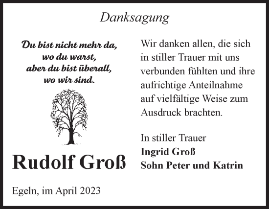 Traueranzeige von Rudolf Groß von Volksstimme Staßfurt