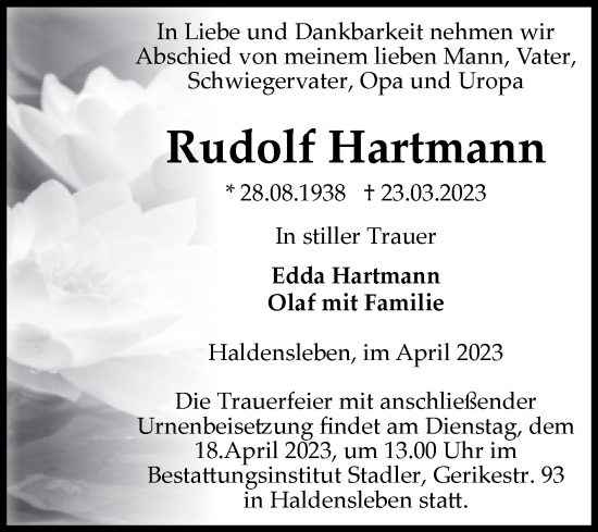 Traueranzeige von Rudolf Hartmann von Volksstimme Haldensleben/Wolmirstedt