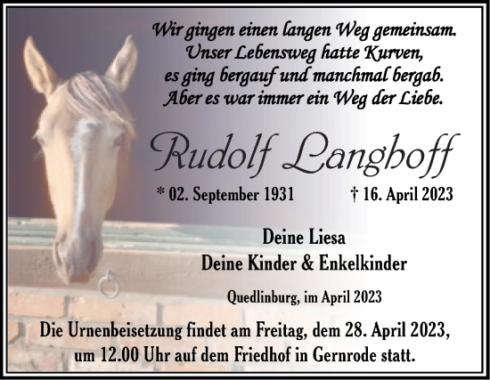 Traueranzeige von Rudolf Langhoff von Trauerkombi Quedlinburg