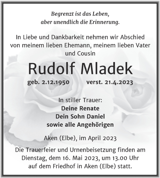 Traueranzeige von Rudolf Mladek von Trauerkombi Köthen