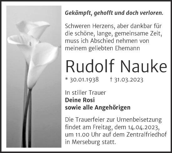 Traueranzeige von Rudolf Nauke von Trauerkombi Merseburg