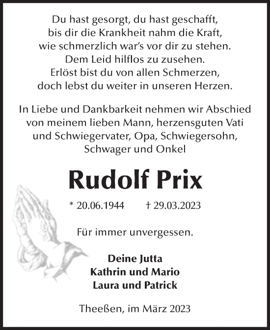 Traueranzeige von Rudolf Prix von Volksstimme Burg/Genthin