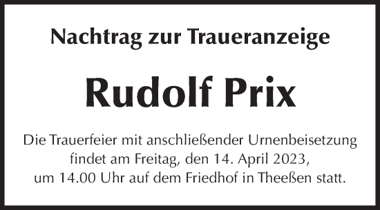 Traueranzeige von Rudolf Prix von Volksstimme Burg/Genthin