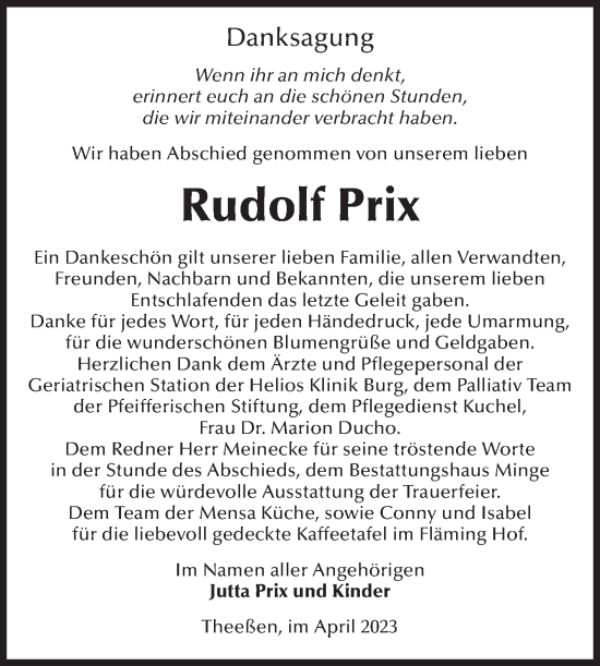 Traueranzeige von Rudolf Prix von Volksstimme Burg/Genthin