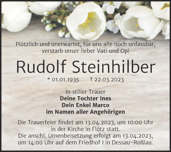 Traueranzeige von Rudolf Steinhilber von Mitteldeutsche Zeitung Dessau-Roßlau