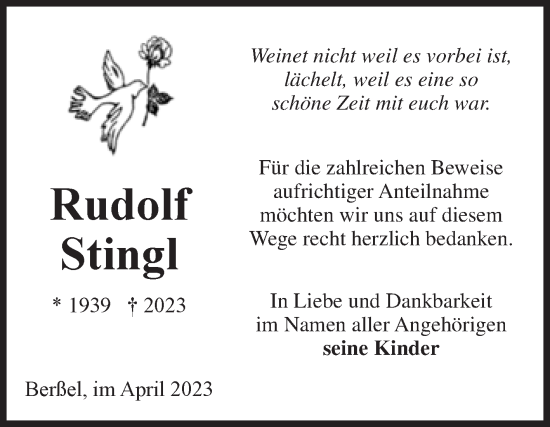 Traueranzeige von Rudolf Stingl von Volksstimme Halberstadt