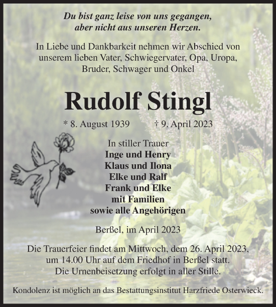 Traueranzeige von Rudolf Stingl von Volksstimme Halberstadt