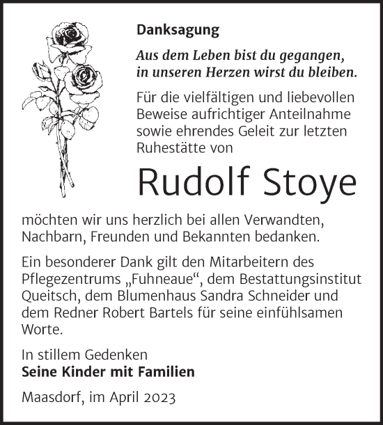 Traueranzeige von Rudolf Stoye von Trauerkombi Köthen