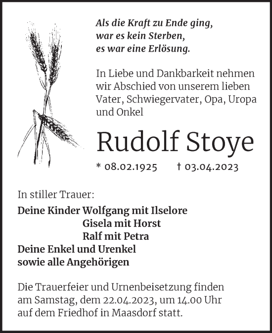 Traueranzeige von Rudolf Stoye von Trauerkombi Köthen