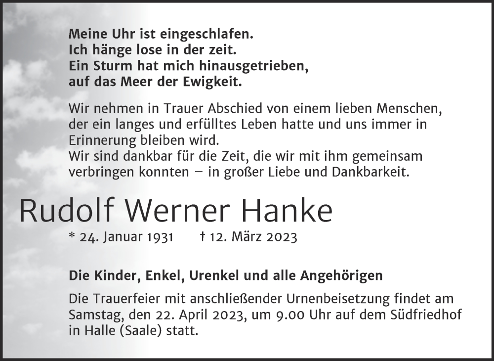  Traueranzeige für Rudolf Werner Hanke vom 01.04.2023 aus Mitteldeutsche Zeitung Halle/Saalkreis
