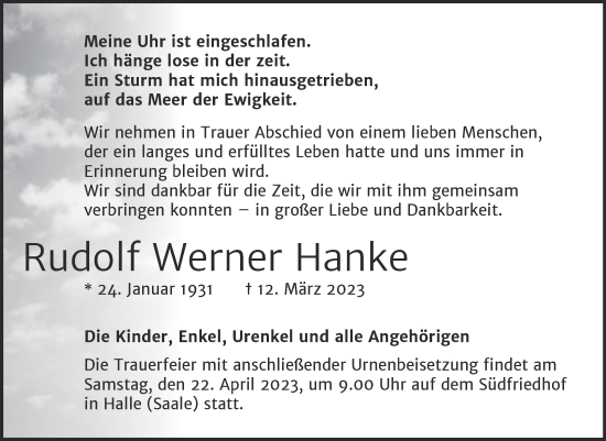 Traueranzeige von Rudolf Werner Hanke von Mitteldeutsche Zeitung Halle/Saalkreis