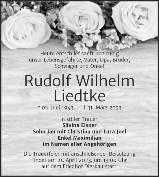 Traueranzeige von Rudolf Wilhelm Liedtke von Mitteldeutsche Zeitung Halle/Saalkreis