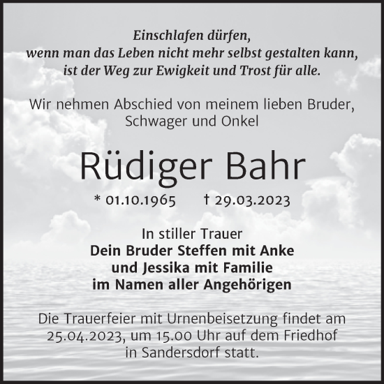 Traueranzeige von Rüdiger Bahr von Trauerkombi Bitterfeld