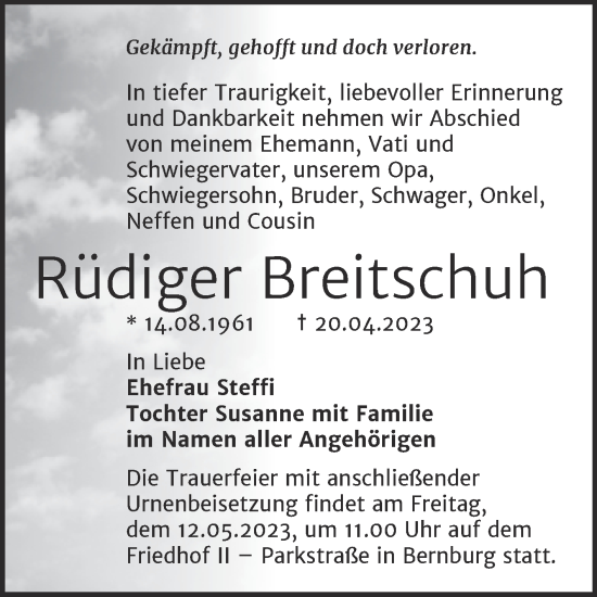 Traueranzeige von Rüdiger Breitschuh von Trauerkombi Bernburg