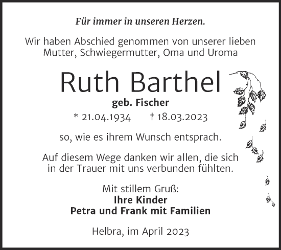 Traueranzeige von Ruth Barthel von Trauerkombi Mansfelder Land